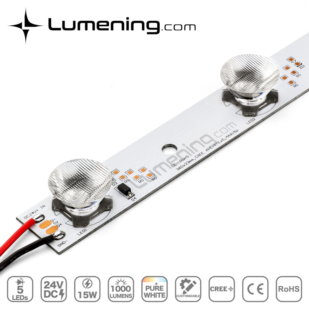 Enlarged view of 24V 15W edge light LED module with elite lenses and CREE LEDs