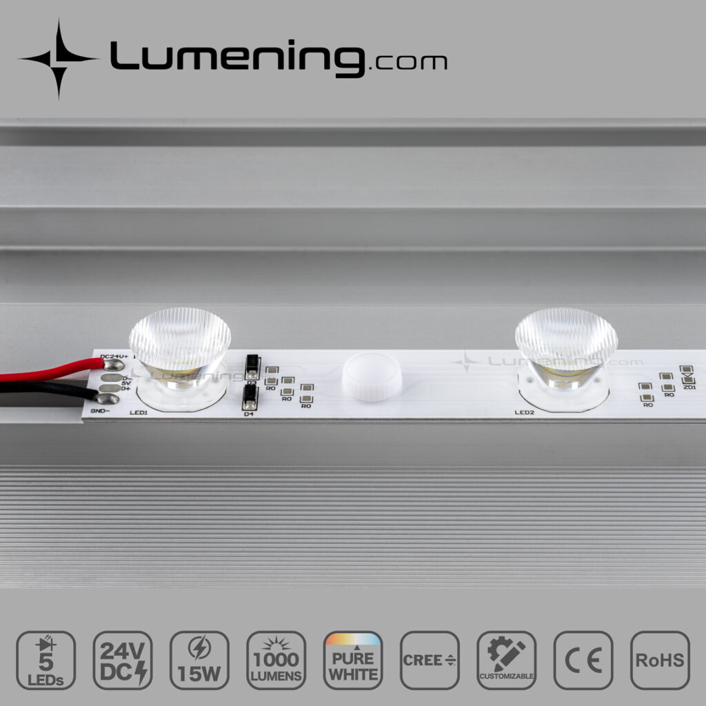 Edge-lit LED module mounted on light-box aluminum frame with thumb screws closeup showing details