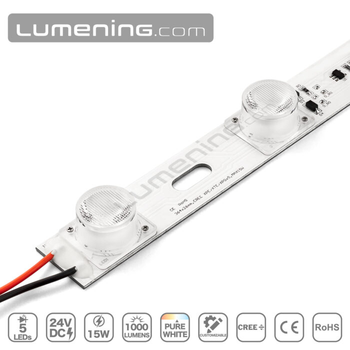 Magnified-view of high power edge LED module with screw-mounted lenses