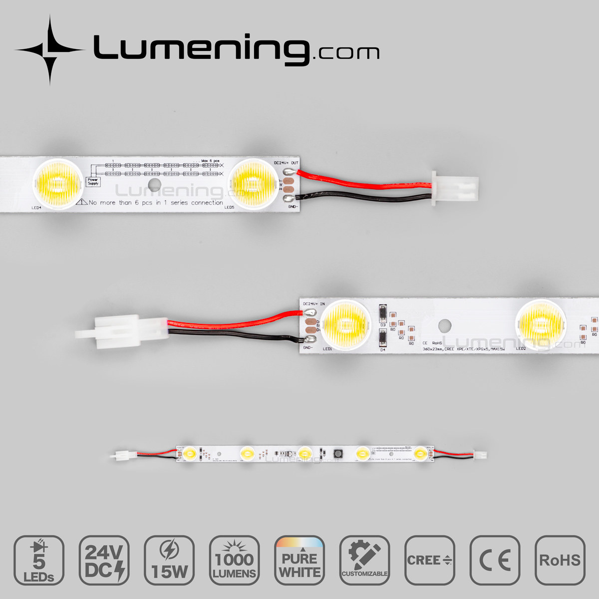 Close-up top view of edge lit LED module with high power CREE LEDs for tension fabric light boxes